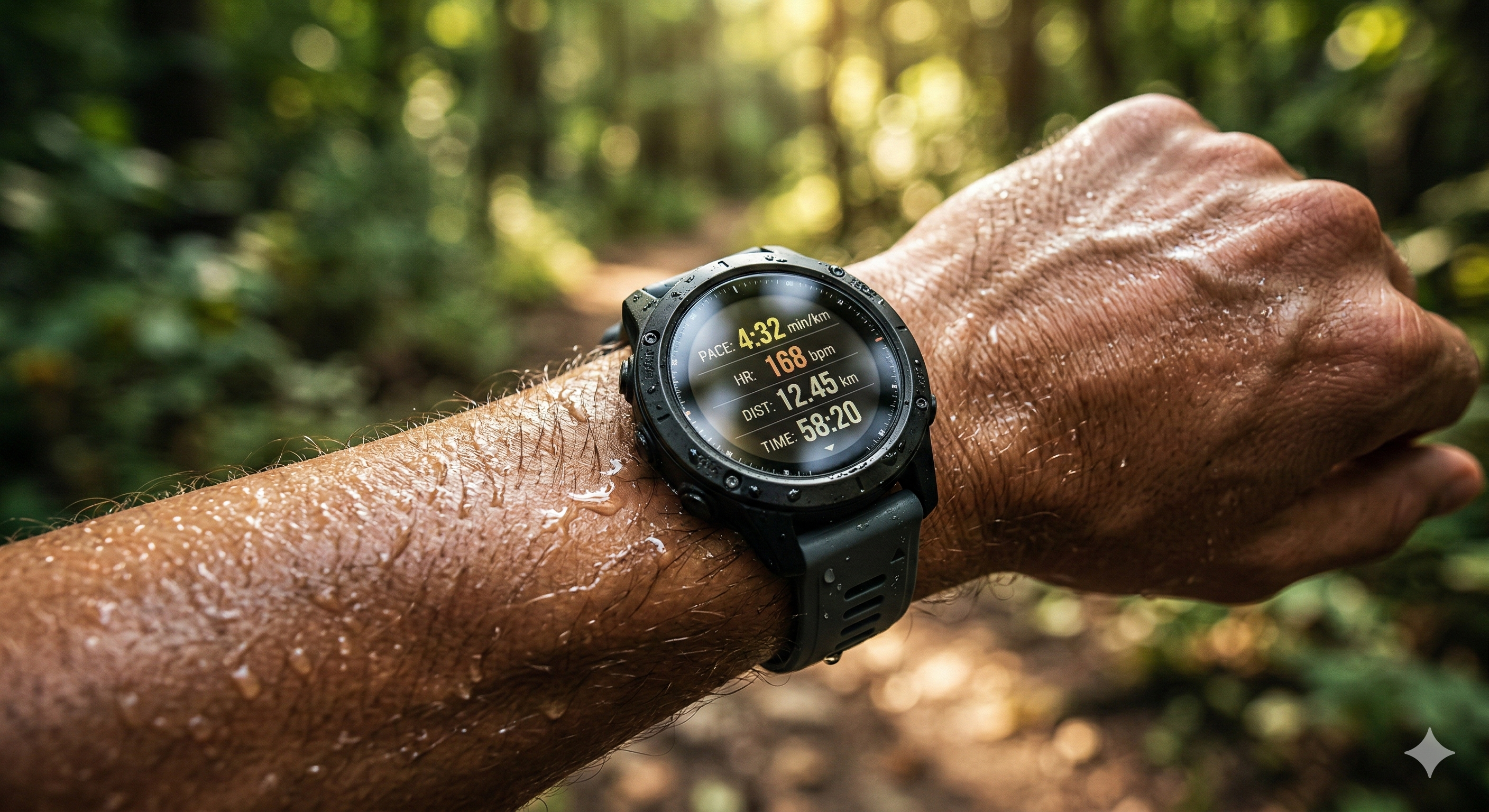 Close-up of smartwatch showing running details