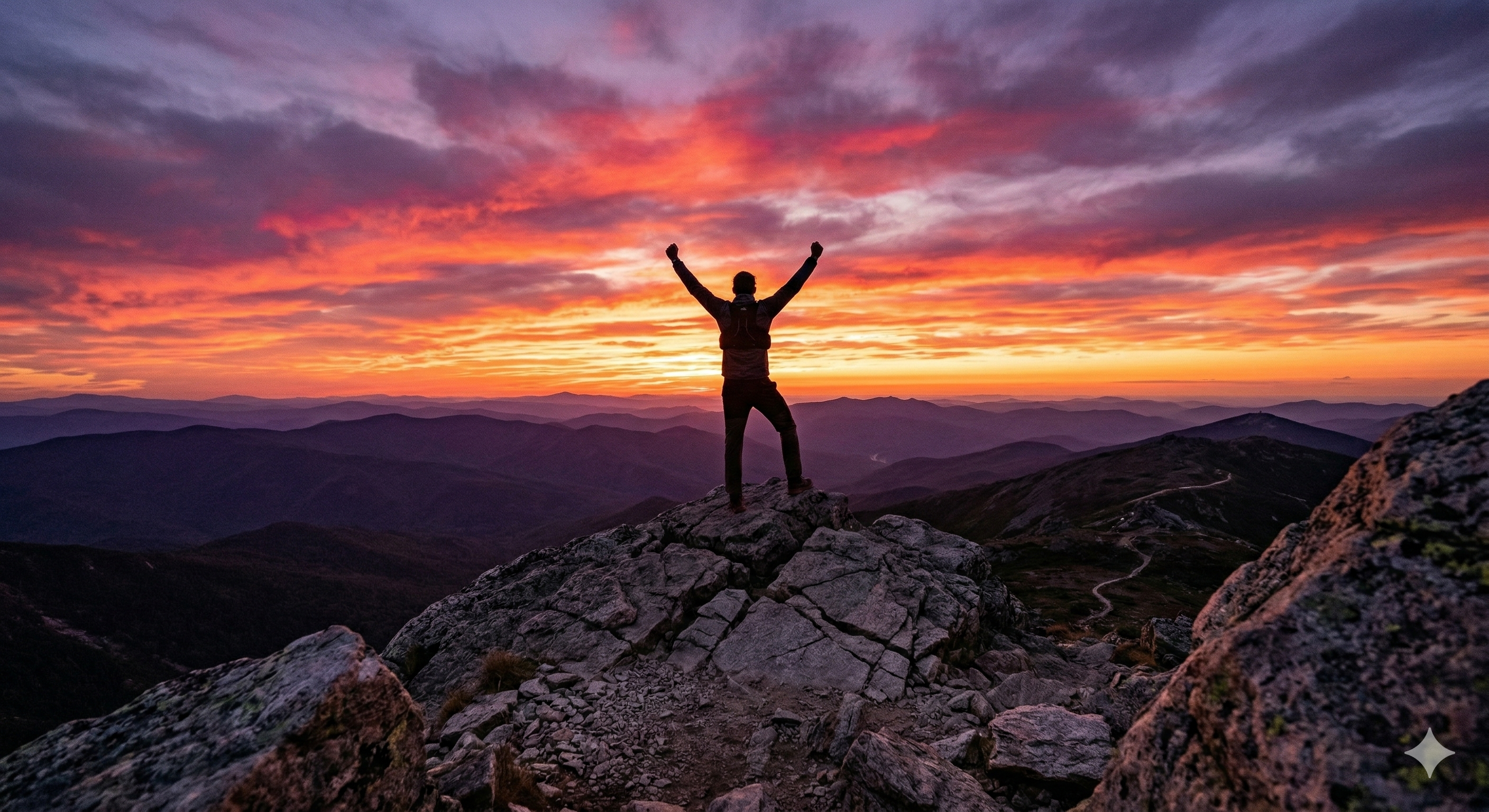 Runner celebrating achievement on a mountain peak