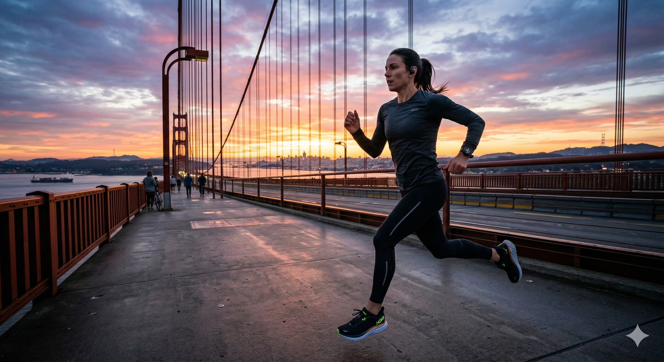 Runner on a scenic city bridge at dawn